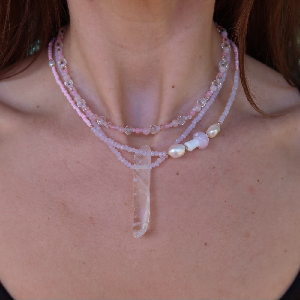Rose Quartz, Freshwater Pearl & Clear Quartz Necklace Trio 3 Piece Set - Picture 3 of 5